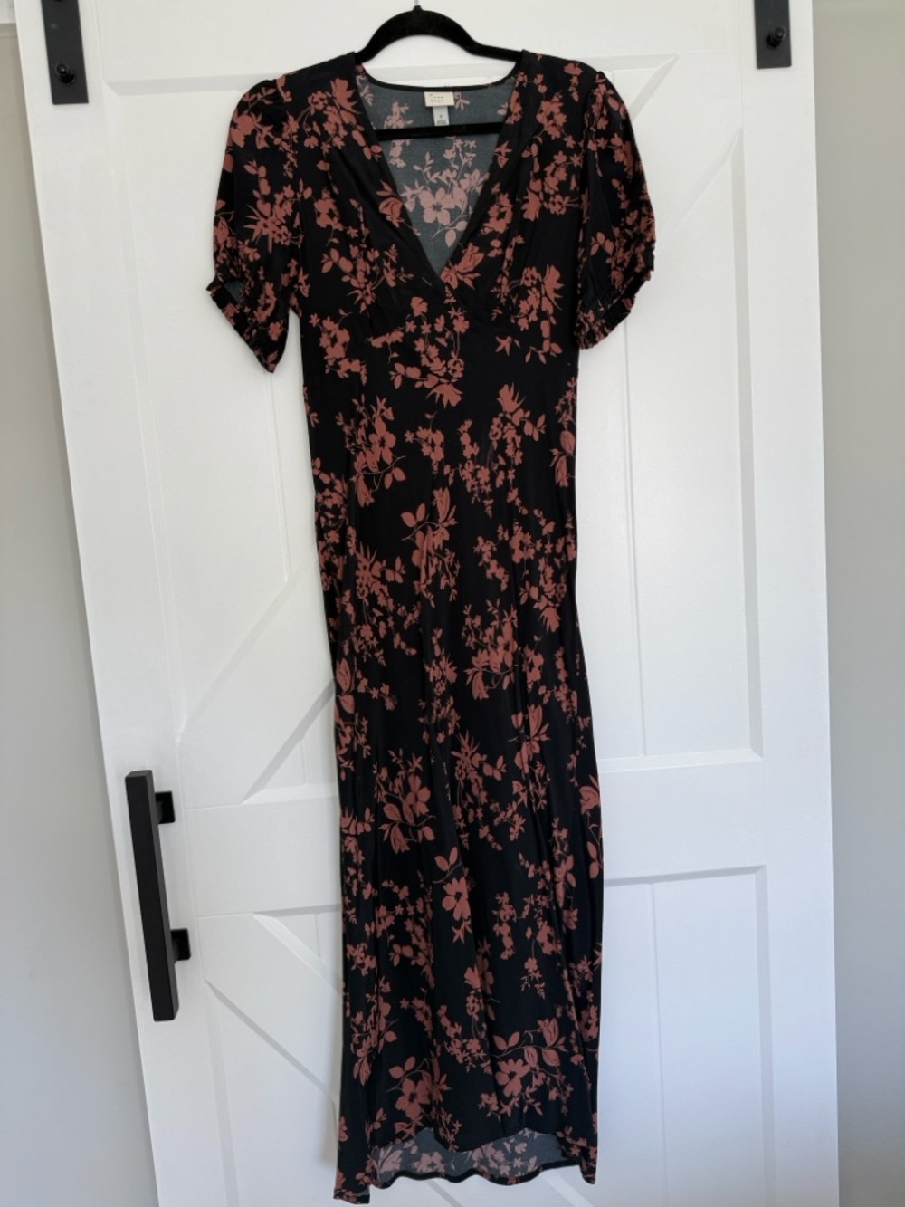 Black Floral V-Neck Maxi Dress with Dusty Rose Print